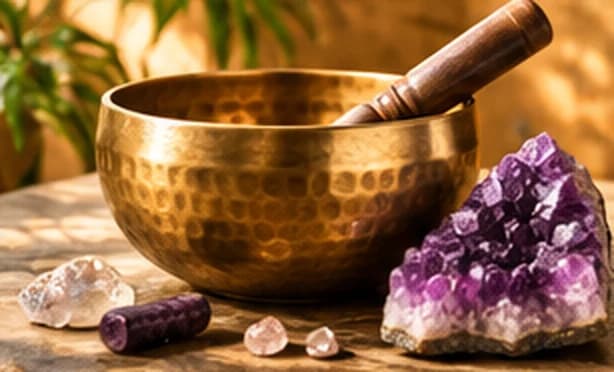 Eine gehämmerte Klangschale mit Holzklöppel neben einer Amethystdruse und kleinen Heilsteinen.